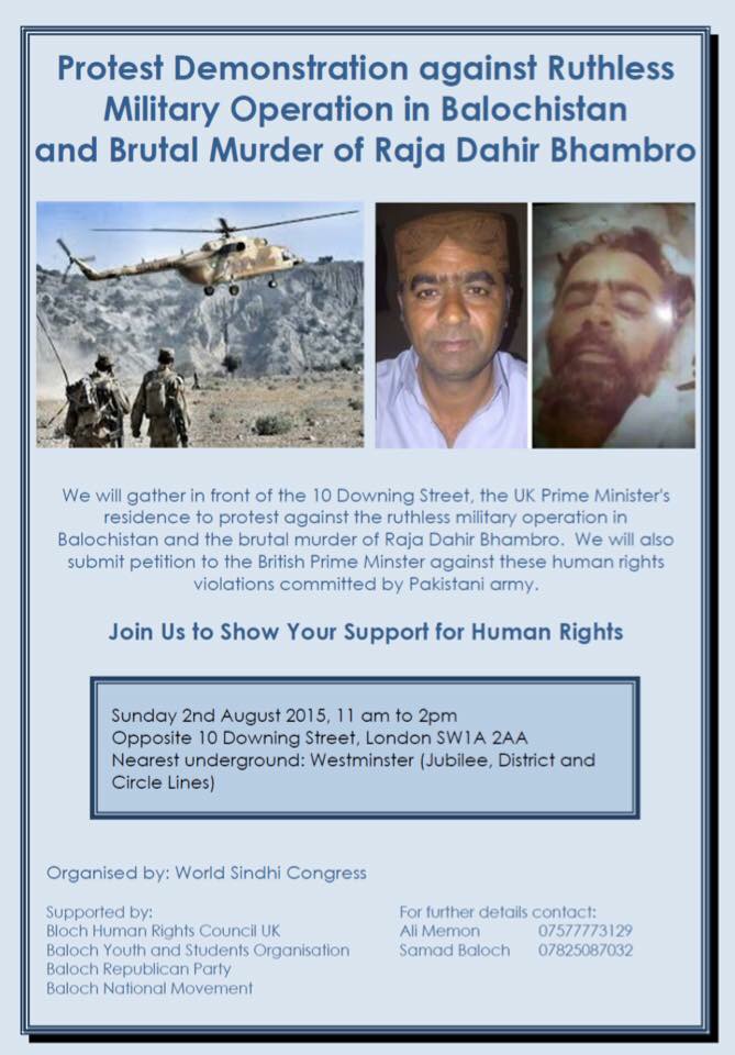 Demonstration, London: Protest against Balochi Militarization and Murder of Raja Dahir Bhambro